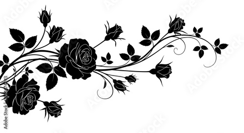 Black Silhouette of Elegant Roses and Buds with Swirling Stems and Leaves