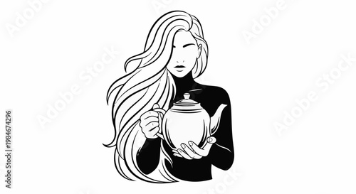 Stylized woman with long flowing hair holding a teapot