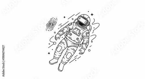 Stylized outline of an astronaut floating in space with celestial elements
