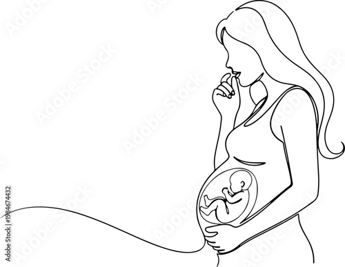 Continuous one line of a pregnant woman talking to her unborn baby, emotional prenatal bonding vector concept symbolizing maternal affection, mother's day, and love.