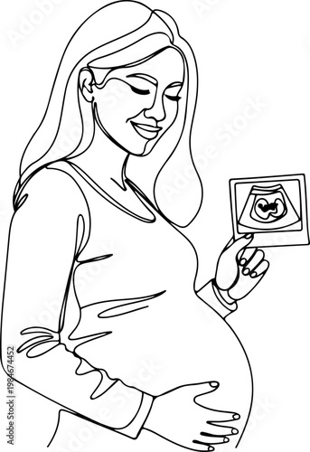 Continuous one line of a pregnant woman holding ultrasound photo and smiling, heartfelt prenatal memory vector design symbolizing joy and emotional connection, style hand drawing vector illustration.