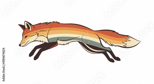 Stylized running fox with horizontal stripes of orange, yellow, tan, and grey