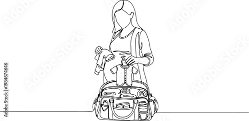 Continuous one line of a pregnant woman packing hospital maternity bag, childbirth preparation vector design representing readiness and planning, mother's day, and love.