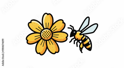 Stylized yellow flower with a bee approaching