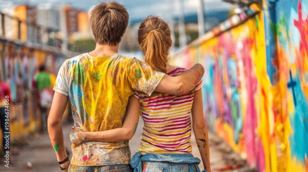 Obraz premium A Couple Walking Away from a Colorful Mural on a Bright Day
