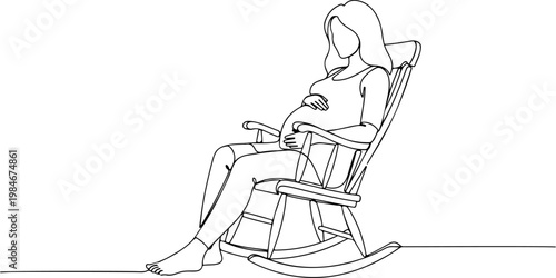 Continuous one line of a pregnant woman relaxing in rocking chair, soothing maternity comfort vector design expressing rest and peaceful waiting, mother's day, and love.