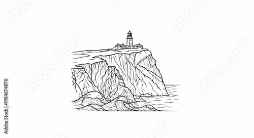 Towering cliffside lighthouse overlooks crashing waves against rocky shore