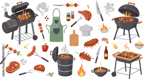 Barbecue Grill and BBQ Food Illustration Set with Smoker, Charcoal Grill, Skewers, Steak, Sausages, and Cooking Tools in Flat Vector Style