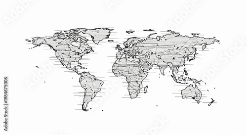 Stylized world map with horizontal lines creating a sketch-like appearance