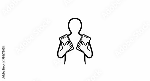 Stylized person holding two phones in a black and white outline
