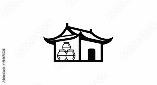 Traditional building with stacked jars and curved roof