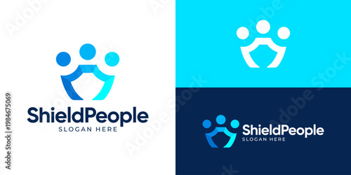 Creative simple shield people logo template. Abstract shield with people human person family leadership symbol logo design vector illustration.