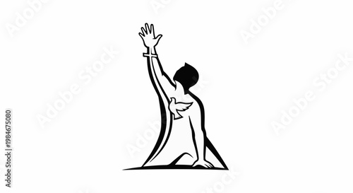 Stylized person kneeling with one arm raised, a dove on chest
