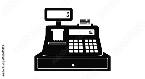 A black silhouette of a vintage cash register with a digital display silhouette