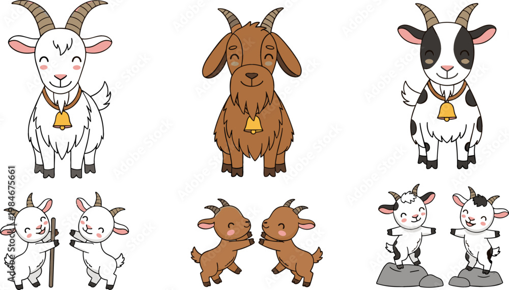 Fototapeta premium Cute Cartoon Goat and Kid Set in White, Brown, and Spotted Colors with Bell and Playful Farm Poses Vector Illustration