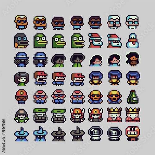 Pixel art character sprite set in retro 8-bit style, cute monsters, heroes and side-view avatars with multiple directions for game animation, RPG characters and platformer assets.