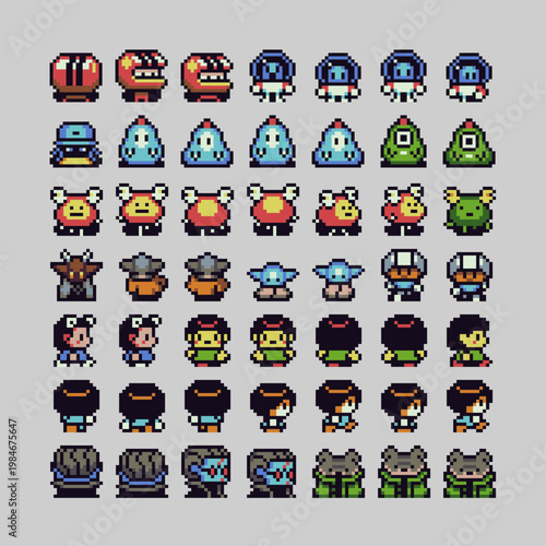 Cute pixel art avatar set in retro 8-bit style featuring diverse characters, creatures and professions, faces for RPG games, UI avatars, NPC systems and game interface design.