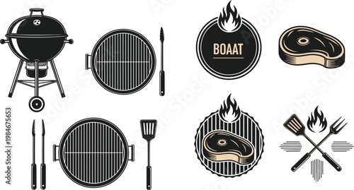 Barbecue Grill and BBQ Tools Icon Set with Charcoal Smoker, Steak, Fire Badge, and Cooking Utensils in Vintage Outline Vector Style