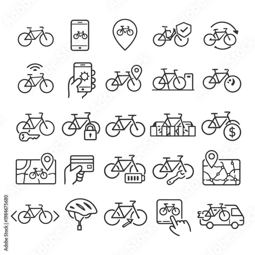 Bicycle icon set featuring gps, payment, and maintenance symbols.