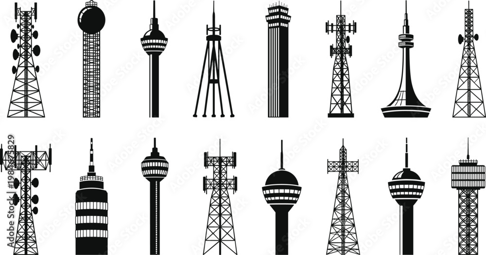 Fototapeta premium Communication Towers Vector Set with Different Designs and Structures for Telecommunication, Infrastructure, and Technology Illustrations