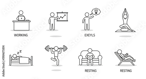 Collection of stick figure icons representing daily activities and routines.