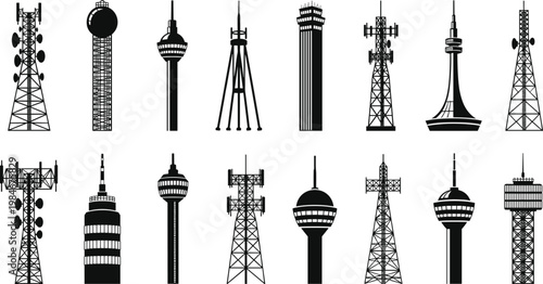 Communication Towers Vector Set with Different Designs and Structures for Telecommunication, Infrastructure, and Technology Illustrations