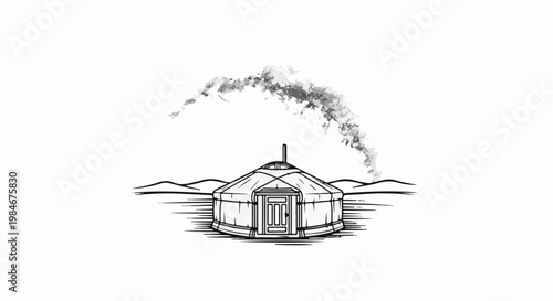 Traditional dwelling with smoke rising into a vast, open sky