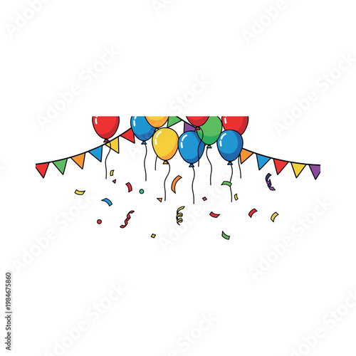 Colorful balloons and streamers fill the air with festive confetti floating down.