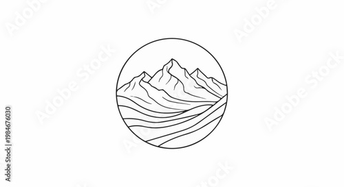 Stylized mountain peaks and rolling hills enclosed in a circle