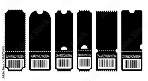 Collection of black tickets with perforated edges and barcodes, perfect for event access or raffle entries