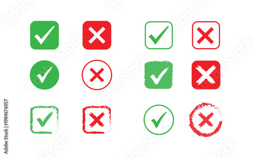 Collection of green checkmark and red cross icons on white background
