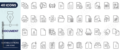 Document icon set in outline style. Editable stroke. Vector icon collection.