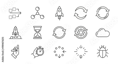 Streamlined vector icon collection for business strategy, technology development, project management, and digital workflow optimization