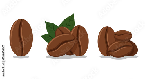 A collection of roasted coffee beans, some with fresh green leaves, displayed in three distinct arrangements against a white background