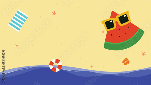 Top view summer beach flat illustration featuring seasonal elements like watermelon wearing sunglasses, buoy, towel, and sandals suitable for holiday and vacation design. Summer beach background.