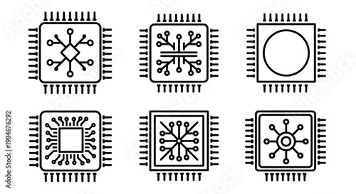 Collection of diverse line art icons illustrating various abstract designs within integrated circuit chips, symbolizing modern digital processing and technological innovation
