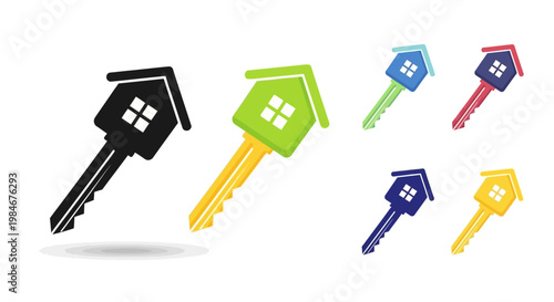 Modern vector illustration set of house keys in various vibrant colors, symbolizing secure home ownership, new property acquisition, real estate investment, and the dream of a safe dwelling