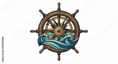 Stylized ship's wheel with compass rose and ocean waves