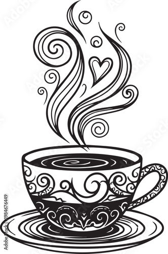 Black and white of ornate teacup with swirling steam and heart saucer swirls