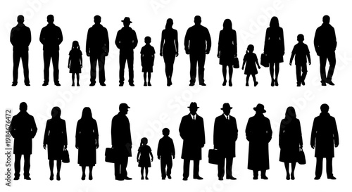 Diverse Silhouettes of People in Business Casual and Formal Attire, Walking and Standing