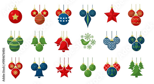 A diverse collection of vibrant Christmas ornaments and festive holiday decorations, featuring colorful baubles, stars, bells, and trees, ideal for seasonal design projects