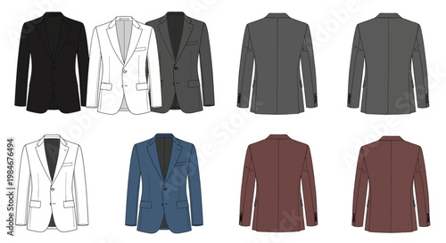Vector illustrations of men's blazers and jackets. Multiple colors black, white, grey, blue, maroon. Front and back views for fashion design concepts