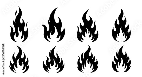 Dynamic and Versatile Collection of Flame Silhouettes for Graphic Design Projects, Representing Energy, Heat, and Passion in a Modern Vector Style