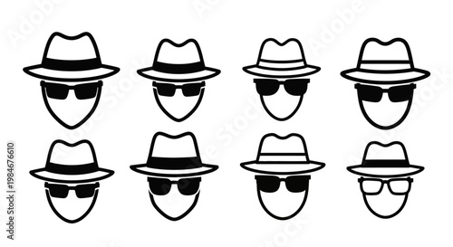 Set of eight simple black and white icons representing anonymous figures wearing fedora hats and sunglasses