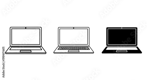 Illustrative vector icons depicting portable laptop computers, perfect for representing technology, online communication, digital tasks, and modern computing devices in diverse design projects