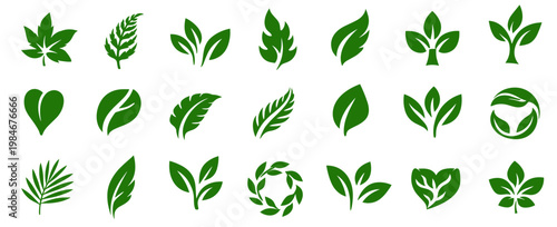 Modern set of green leaf icons with tropical, heart and circular motifs, isolated as separate vector elements on a transparent background. Suited for eco apps, labels and natural branding.