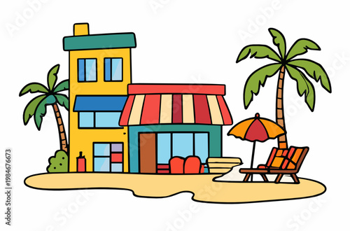 Modern seaside villa with striped awning, palm trees and sun lounger near the sand. Vacation rental, resort comfort and tropical leisure illustration on transparent background.