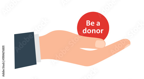Hand holding red round button with "Be a donor" message  
