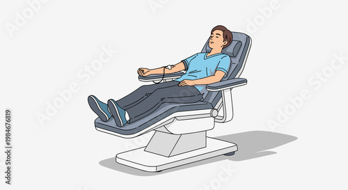Young man reclining in medical chair during blood donation process  