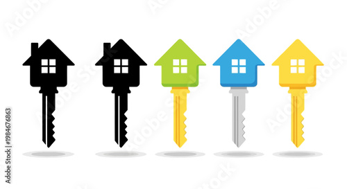 Various house-shaped keys representing different real estate options and choices